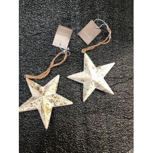 Set van 2 kersthangers wit gouden sterren 12cm ornamenten retro look