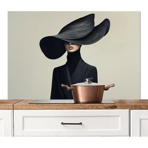 Spatscherm keuken 120x80 cm - Kookplaat achterwand Zwart - Vrouw - Hoed - Muurbeschermer - Spatwand fornuis - Hoogwaardig aluminium