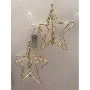 Set van 2 ornamenten 3D sterren met gouden glitters 15cm draaiend op as