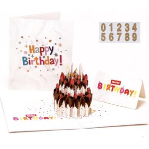 Pop up verjaardagskaart aardbei chocolade taart pop-up wenskaart met berichtpaneel - met leeftijd sticker goud verjaardag versiering