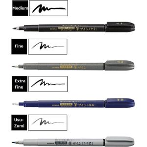 Zebra Fude Sign Brush Pennen, Super Fine, Fine, Medium, Grijs Ink, Set van 4