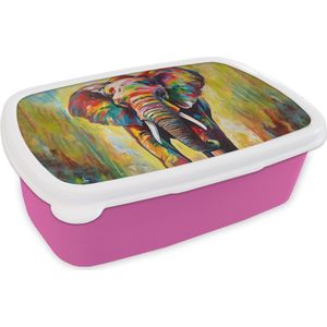 Broodtrommel Roze - Lunchbox Olifant - Kunst - Schilderij - Dieren - Regenboog - Brooddoos 18x12x6 cm - Brood lunch box - Broodtrommels voor kinderen en volwassenen