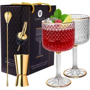 Luxe gin-tonic glazenset | 2 x gin-glaasjes/cocktailglaasjes met gouden details | Gouden lepel, dubbele spiritusmaat & spiritusschenker en recepten-e-boek. gin cadeau | Gin glazen set