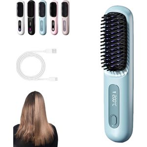 1 draadloze stijlborstel: draadloze mini-stijlborstel, oplaadbaar via USB, 3 temperatuurstanden, met LED-scherm, voor onderweg, voor op reis en pluisvrije styling (blauw)