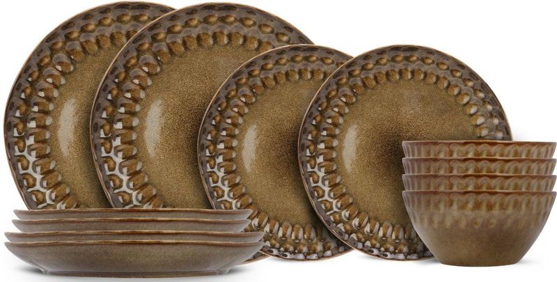 Cosy & Trendy - Serviesset Araki Hazel - 12-Delig - 4 Personen - 4 Dinerborden 4 Ontbijtborden en 4 Kommen