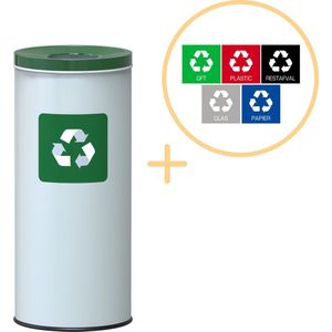 Alda Eco Nord White Bin, Prullenbak - 45L - Wit/Groen - Afvalscheiding Prullenbakken - Gemakkelijk Afval Scheiden – Recyclen - Afvalemmer - Vuilnisbak voor huishouden en kantoor - Afvalbakken - Inclusief 5-delige Stickerset