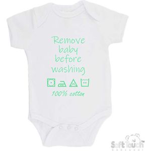 100% katoenen Romper ""Remove baby before washing 100% cotton"" Unisex Katoen Wit/mint Maat 62/68