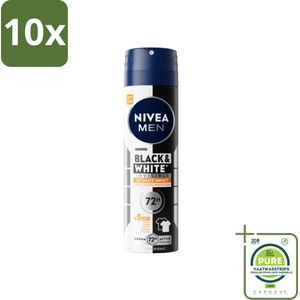 10 x NIVEA MEN - Deodorant Spray - Black & White Ultimate Impact - 150 ml - Grootverpakking - Anti-transpirant - Deodorant - Vlekkenvoorkomend - Kledingbescherming - Zweetbescherming