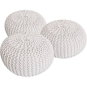 Parya Home - Poef - set 3-delig - 55 cm (Diameter) x 37cm - Wit - Grof gebreide look