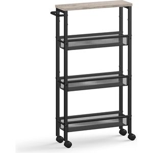 trolley 4 niveaus, smalle keukentrolley, nisplank op wielen, staal, handvat, voor kleine kamers, 13 x 45,5 x 77 cm, keuken, badkamer, woonkamer, studeerkamer, greige zwart gemêleerd