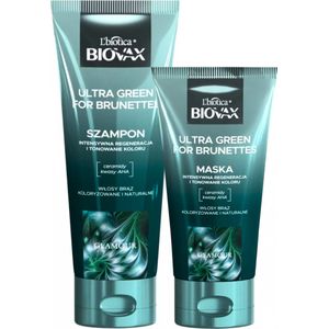 L'Biotica Biovax Glamour Ultra Green Shampoo en Haar Masker voor Bruin Haar - 350 ml - Herstel en Versterk je Haar met Regenererende Shampoo en Haar Masker voor Kleurbehoud en Koele Ondertonen