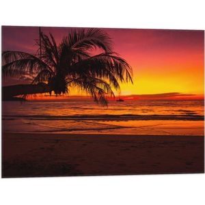 Vlag - Silhouet van Palmboom Hangend over het Strand tijdens Rozekleurige Zonsondergang - 80x60 cm Foto op Polyester Vlag