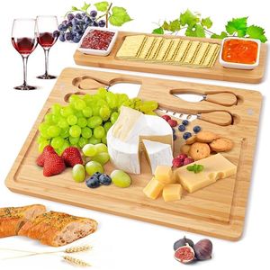 Kaasplank van bamboe met kaasgereedschap, charcuterie board, kaasset, dienblad voor wijncrackers, bries en vlees, bamboeschep, cadeau voor lekkernijen en Kerstmis