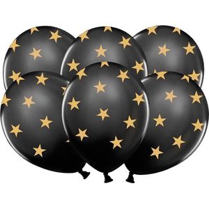 6 zwarte ballonnen met goudkleurige sterren - Feestdecoratievoorwerp