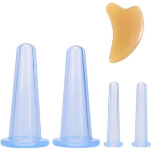 Brenzoos - Cupping glazenset 4 stuks siliconen beker voor vacuüm cupping - Anti-cellulitis beker met Gua Sha Facial Tool - Gezicht hals massage - Blauw
