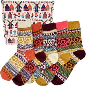 Tutti Footi - Vintage Winter Sokken - 'Janna' Set 5 paar - Warme Hygge Nordic Socks met Hartjes - Dames huissokken met wol maat 36-40