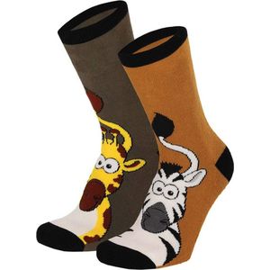 Apollo - Huissokken - 2-pack - Antislip - Dieren - Bruin - Grijs - Maat 35/38