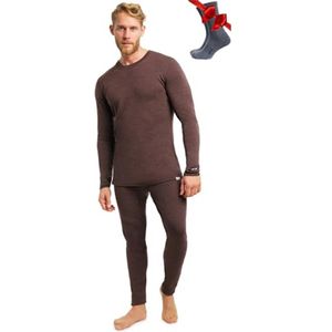 Heren Thermoshirt Lange Mouwen van 100% Merinowol met Merinowol Wandelsokken - Set van 250 Chocolade