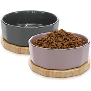 Navaris voerbak voor katten en honden - 800 ml - Set van 2 voer- of waterbakken - Etensbak van keramiek - Met houten onderzetter - Grijs/Paars