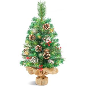 Uten Luxe Uitvoering kleine Kunstkerstboom - met Dennenappels En Rode Besjes - 60cm Hoog - Zonder Verlichting - 70takken - Groen