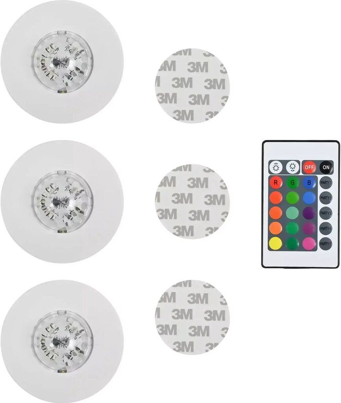 Benson LED disco party licht - RGB LED - afstandsbediening - 3 stuks - ø 80 mm - IP20