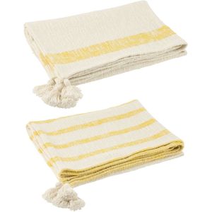 J-Line plaid Strepen + Kwasten - katoen - wit/geel - 2 stuks