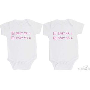 100% katoenen Rompers 2-pack ""Baby nr. 1 & Baby nr. 2"" Meisjes Tweeling Katoen Wit/roze Maat 56/62