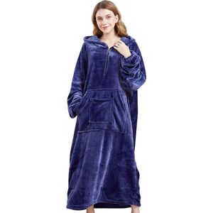 Zachte Sherpa Draagbare Jurk Deken – Oversized Hoodie Met Mouwen – Pluche Fleece Deken Voor Warmte En Comfort In Blauw – Eén Maat