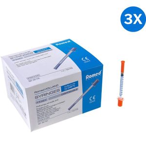 3x Romed 3-delige insulinespuit met naald 100 stuks Romed - Individueel steriel verpakt - 3-delige wegwerpspuit met naald