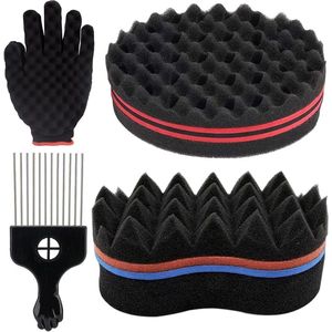 JGS Premium - Gaten Haarspons Set voor Afro Haar met Kammen en Handschoenen - 2 Stuks