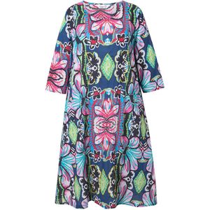 MIAMODA MIAMODA - Dames - Midi-jurk A-lijn bloemmotief 3/4-mouw - Donkerblauw - Maat 56