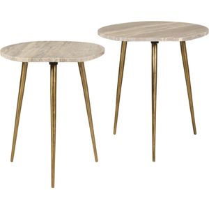 Bijzettafel Lozio - Set 2 stuks - 48x53x48 / 41x48x41 cm (BxHxD) - Travetin / Metaal - Beige / Goud - Set 2 stuks