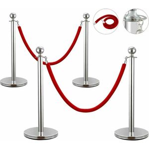 BellissiBo® Afzetkoord - Afzet Palen - Rode Loper - Standaard met Fluwelen Touw - Stabiel - Eenvoudig - Zilver/Rood