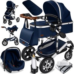 KESSER® Kinderwagen 3 in 1 Loops Wandelwagen Set incl. Autostoel & Reiswieg & Buggy Sportzitje - Massieve Rubberbanden - Luiertas / Regenhoes - Blauw / Zilver