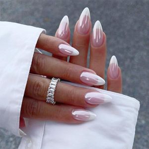Trankielo Almond False Nails 24 Pieces Shiny Full Coverage Adhesive Acrylic Nails - Women Manicure Kit .