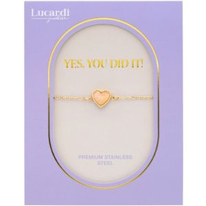 Lucardi Dames Geslaagd cadeau - Stalen goldplated armband met rozenkwarts op kaartje - Armband - Staal - Goudkleurig - 20 cm