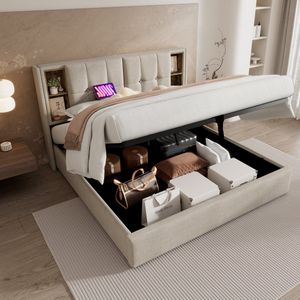 Sweiko Tweepersoonskamer - 160x200 cm - USB type C oplaadfunctie - Opbergruimte - Zonder matras - Linnen - Beige