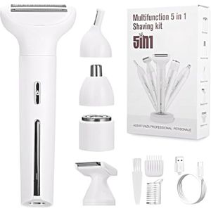Cexovo Scheerapparaat voor dames, 5-in-1 intiem scheerapparaat voor vrouwen, elektrisch scheerapparaat voor dames, met USB-laadstation voor lichaam, oksels, bikini, wenkbrauwen en neus