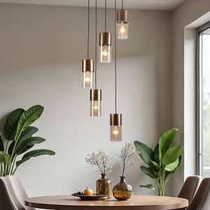 5-lichts design hanglamp koffiebruin met amber glas - Cortado