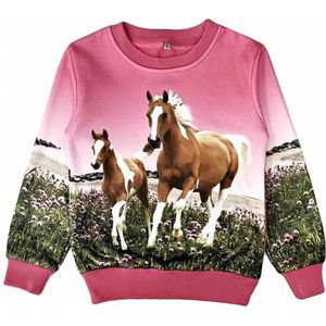 Kinder sweater, trui, met paarden print, roze, maat 110/116, horses, kind, ZEER MOOI!