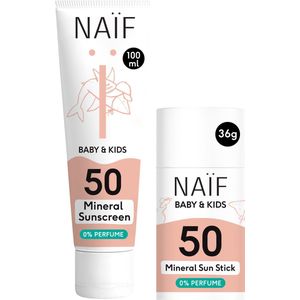 Naïf - Minerale Zonnebrandcrème & Minerale Zonnebrand Stick Voordeelset - Baby's & Kinderen - 0% parfum - SPF50 - 100ml + 36gr