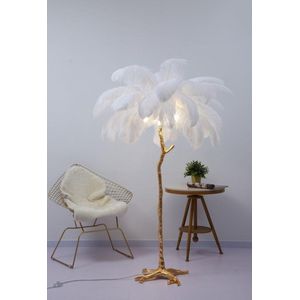 Palmboom veren vloerlamp- Witte Vloerlamp- Gouden poten- Palm tree - Struisvogelverenlamp- witte veren lamp met gouden poot 170cm- staande Veren lamp 170cm-ostreich lamp l