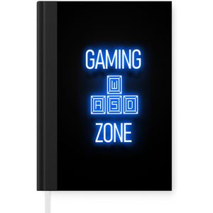 Notitieboek - Schrijfboek - Gaming - Tekst - Gaming zone - Neon - Blauw - Notitieboekje klein - A5 formaat - Schrijfblok