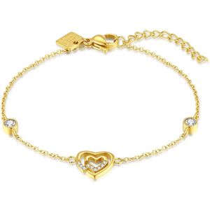 Twice As Nice Armband in goudkleurig edelstaal, dubbel hartje, steentjes 16 cm+3 cm