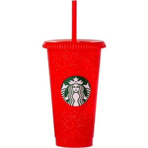 Starbucks Beker - Red Glitter Cup - Holiday Cup - Met Rietje en Deksel - Glitter Cup - Color Tumbler - Herbruikbaar - ijskoffie beker - Milkshake beker - Limited Edition