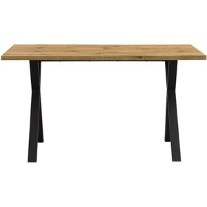 Eettafel, kruispootontwerp, rechthoekige eettafel, salontafel, moderne eenvoudige eettafel van smeedijzer, L140*B80*H76cm, eiken + zwart