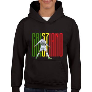 Ronaldo Hoodie - Kinder Hoodie- Zwart - Maat 122/128 - Hoodie leeftijd 7 tot 8 jaar - Ronaldo Hoodie - hoodie Cadeau -Afbeelding - Zwarte Hoodie met Ronaldo afbeelding - Portugal - in kleur