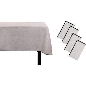 OZAIA Set van tafellaken + 4 servetten van linnen en katoen - Zwarte rand - Taupegrijs - 170 x 250 cm - BORINA L 250 cm x H 1 cm x D 170 cm