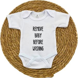 Romper | REMOVE BABY BEFORE WASHING - baby - newborn - grappig - tekst - zwanger - zwangerschap - kraamcadeau - kraamcadeautje | wit | maat 68