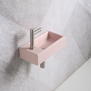Fonteinset Mia 40.5x20x10.5cm mat roze links inclusief fontein kraan, sifon en afvoerplug RVS